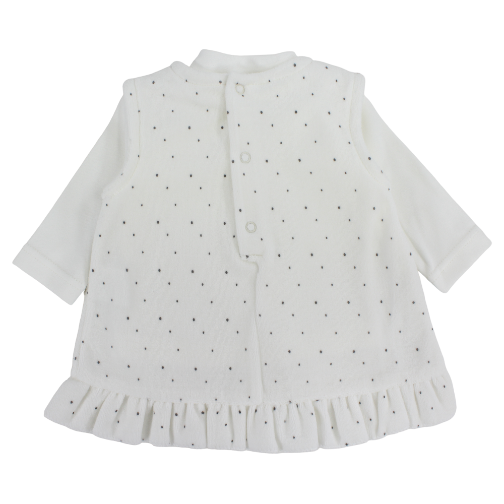 Baby Girls Velvet Dress – Off-White with Dots Print
