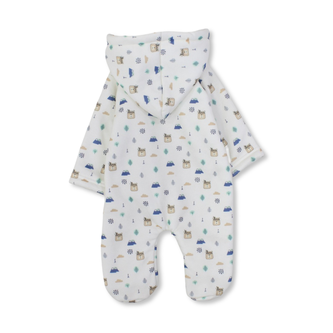 Unisex Baby Cotton Hooded Fur Lined Baby Footie – Off-White with Cats Print