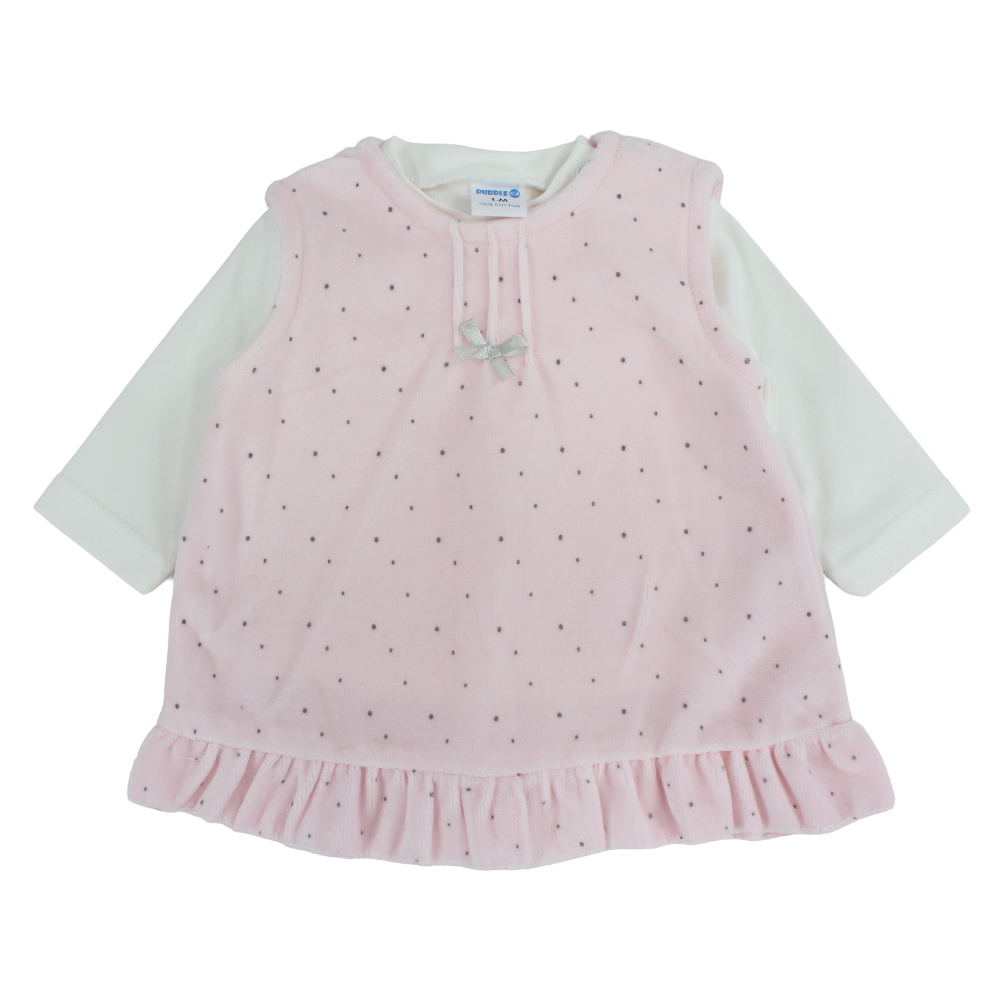Baby Girls Velvet Dress – Pink with Dots Print