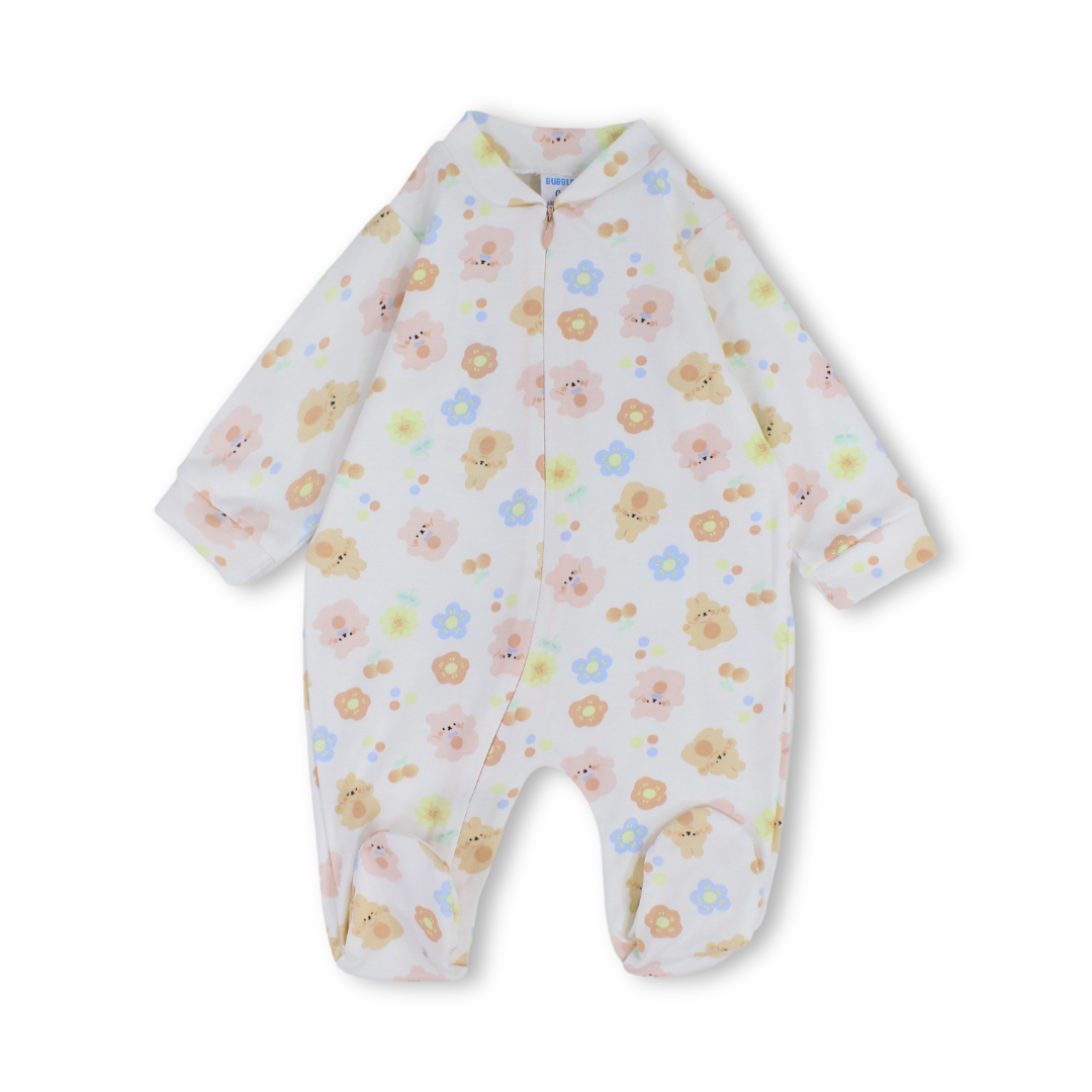 Baby Girls Cotton Baby Footie Onesie – Off-White with Flowers Print