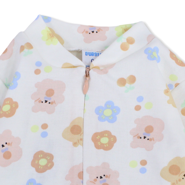 Baby Girls Cotton Baby Footie Onesie – Off-White with Flowers Print