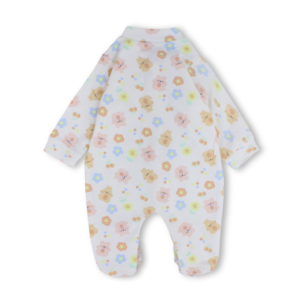 Baby Girls Cotton Baby Footie Onesie – Off-White with Flowers Print