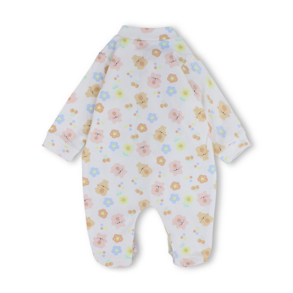 Baby Girls Cotton Baby Footie Onesie – Off-White with Flowers Print