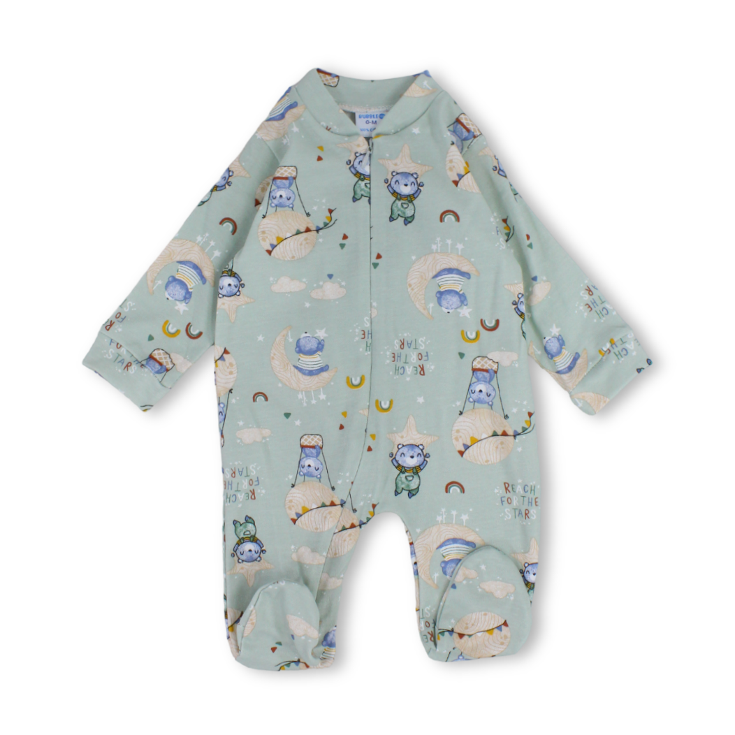 Baby Boys Cotton Baby Footie Onesie – Mint with Bears Print