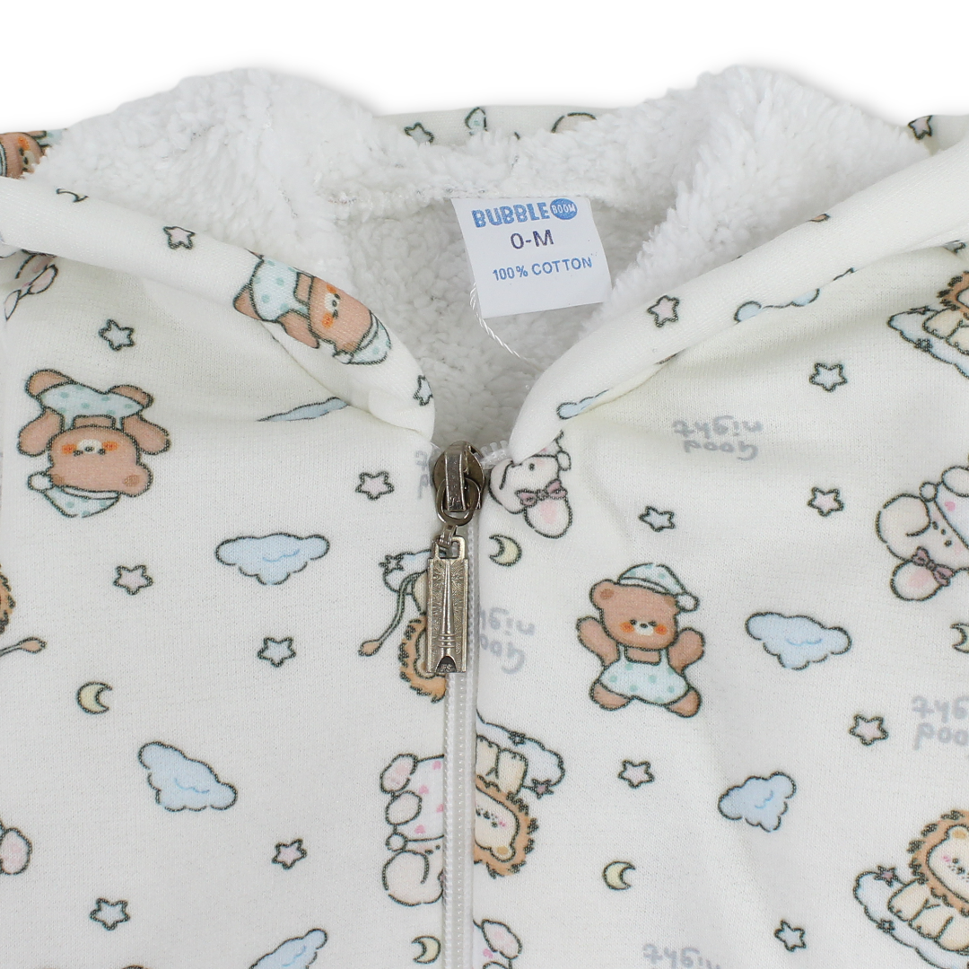 Baby Boys Fleece Hooded Baby Footie – Off-White with Teddy Bears & Lions Print