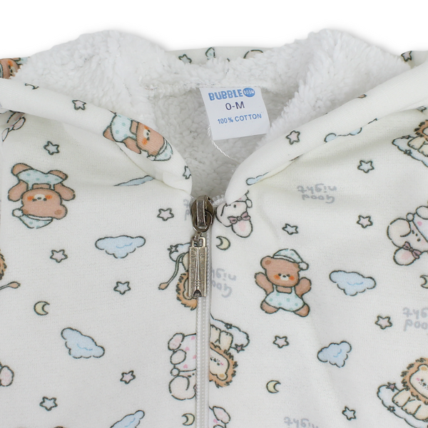 Baby Boys Fleece Hooded Baby Footie – Off-White with Teddy Bears & Lions Print