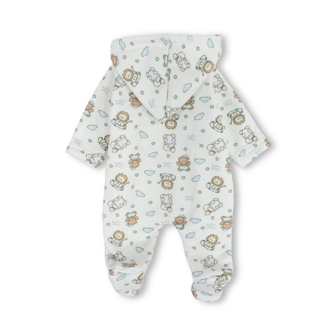 Baby Boys Fleece Hooded Baby Footie – Off-White with Teddy Bears & Lions Print