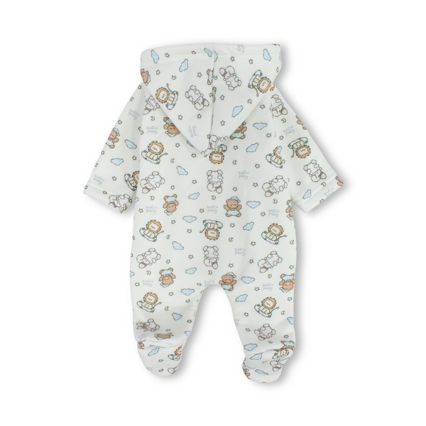 Baby Boys Fleece Hooded Baby Footie – Off-White with Teddy Bears & Lions Print