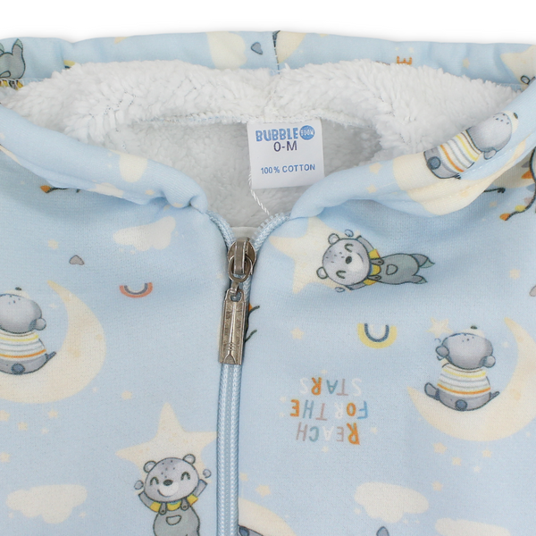 Baby Boys Fleece Hooded Baby Footie – Baby Blue with Teddy Bears & Hot Air Balloons Print