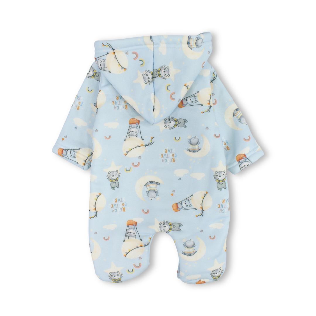 Baby Boys Fleece Hooded Baby Footie – Baby Blue with Teddy Bears & Hot Air Balloons Print
