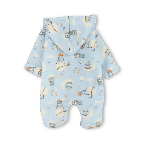 Baby Boys Fleece Hooded Baby Footie – Baby Blue with Teddy Bears & Hot Air Balloons Print