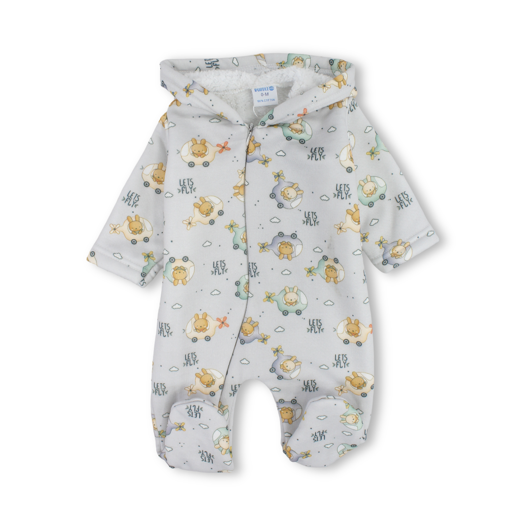Baby Boys Fleece Hooded Baby Footie Onesie – Grey with "Lets Fly" Print