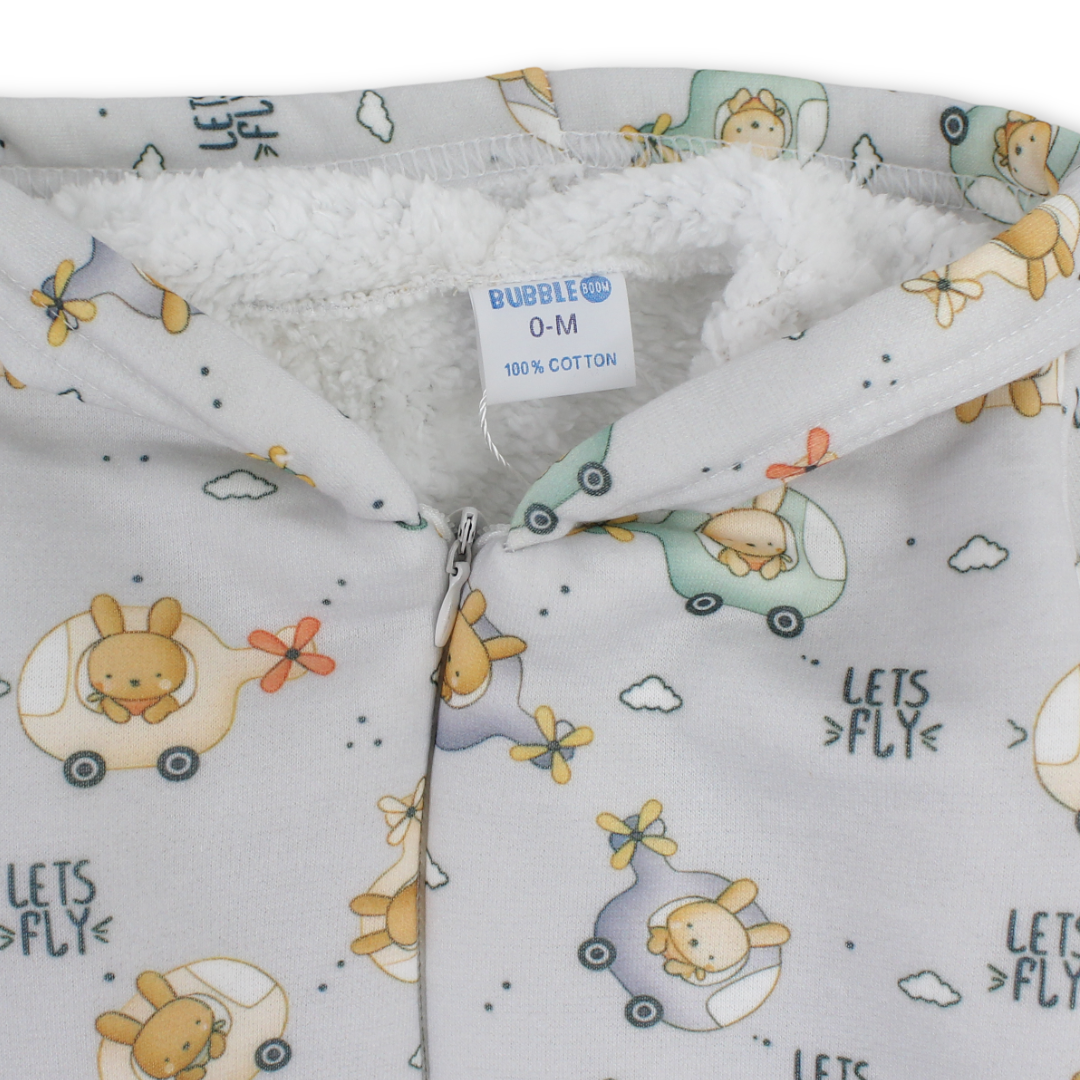 Baby Boys Fleece Hooded Baby Footie Onesie – Grey with "Lets Fly" Print
