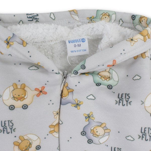 Baby Boys Fleece Hooded Baby Footie Onesie – Grey with "Lets Fly" Print