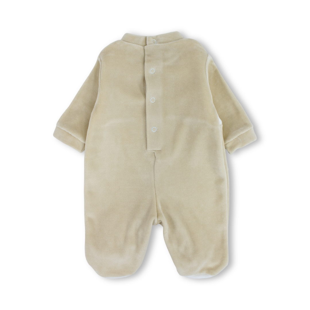 Baby Boys Velvet Baby Footie Onesie – Camel with Bears Embroidered