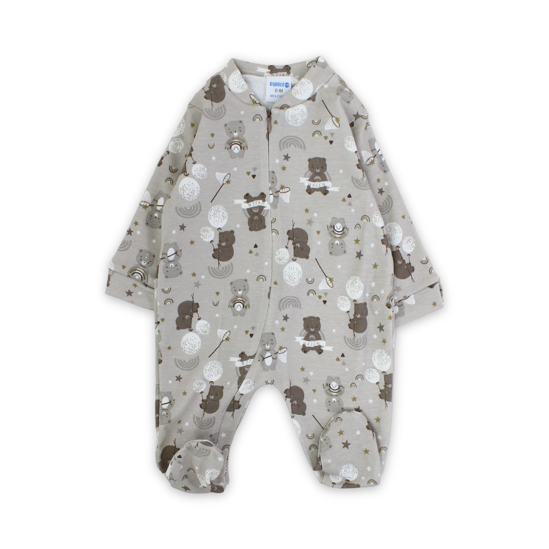 Unisex Baby Cotton Baby Footie – Beige with Bears Print - Clothing - Bubble Boom