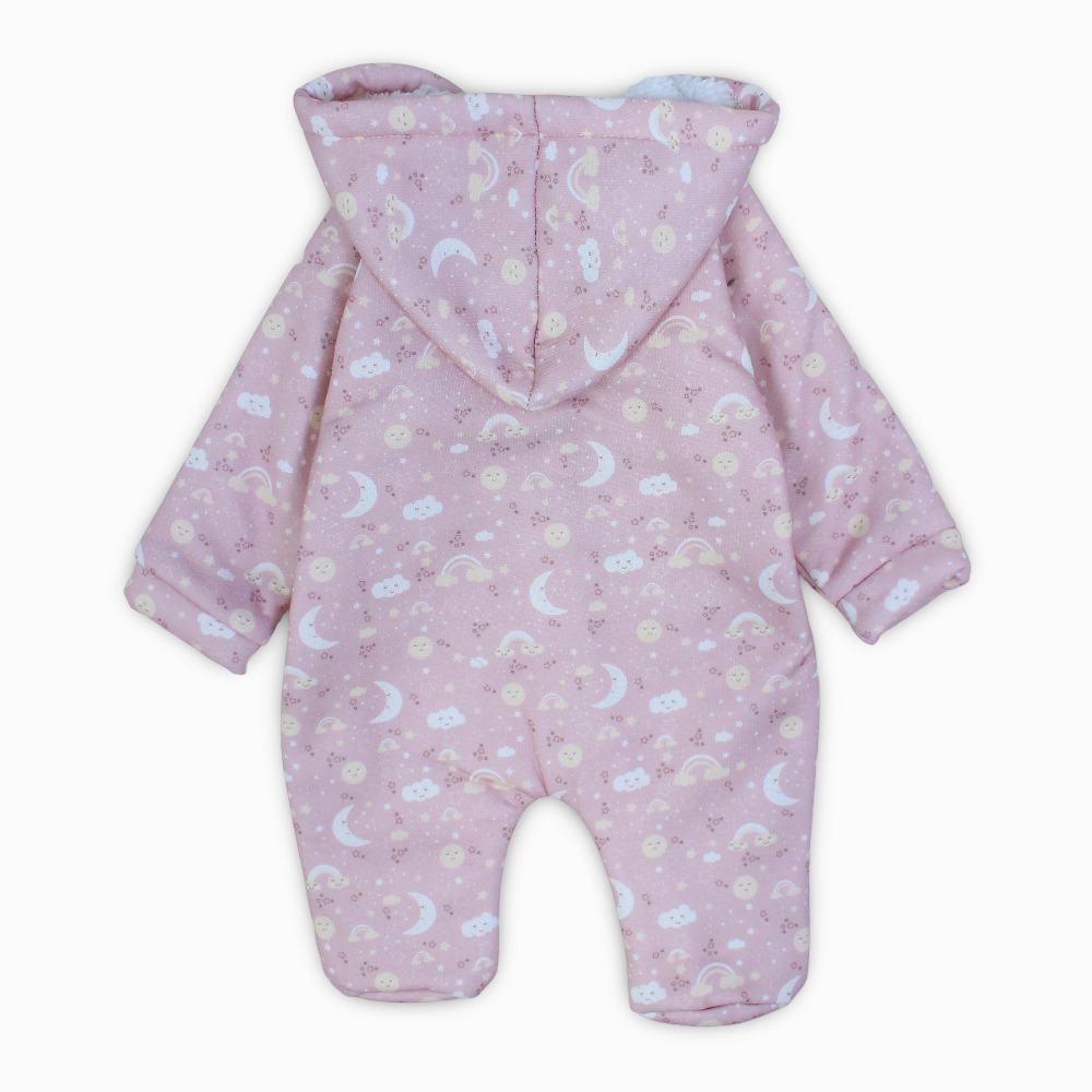 Baby Girls Cotton Hooded Baby Footie - Dusty Pink with Clouds & Moon Print