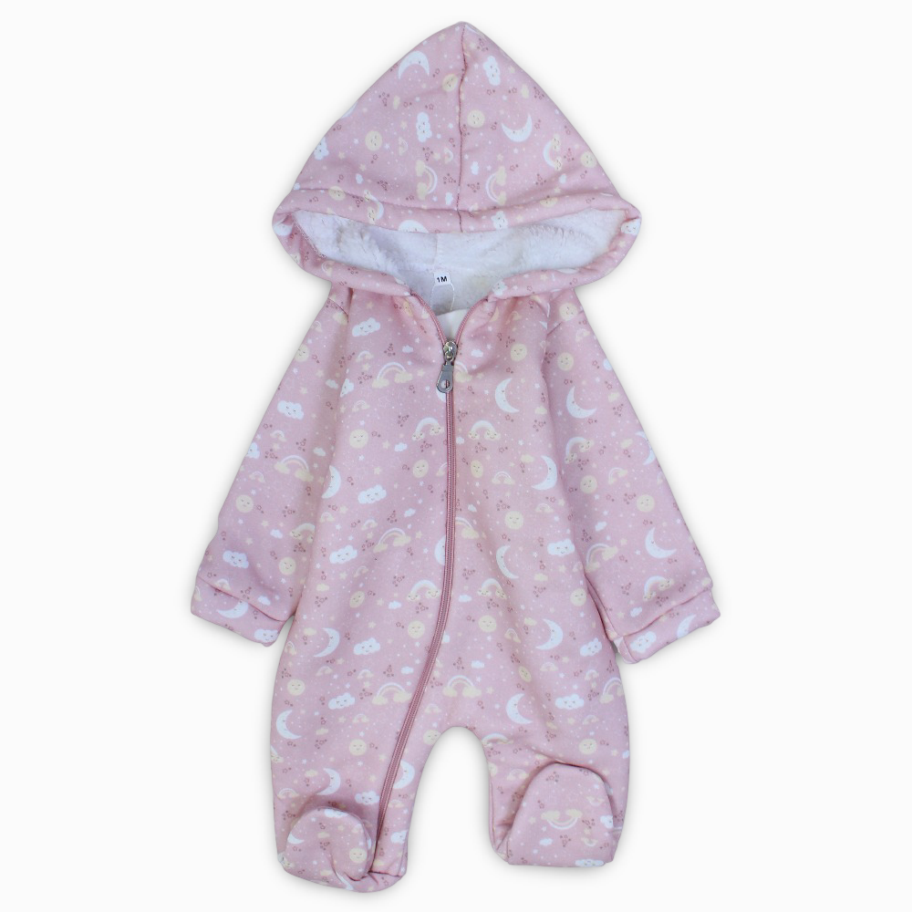 Baby Girls Cotton Hooded Baby Footie - Dusty Pink with Clouds & Moon Print
