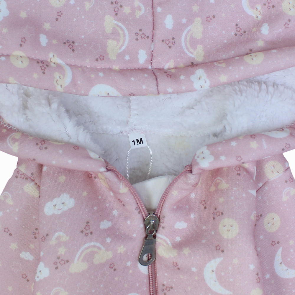 Baby Girls Cotton Hooded Baby Footie - Dusty Pink with Clouds & Moon Print