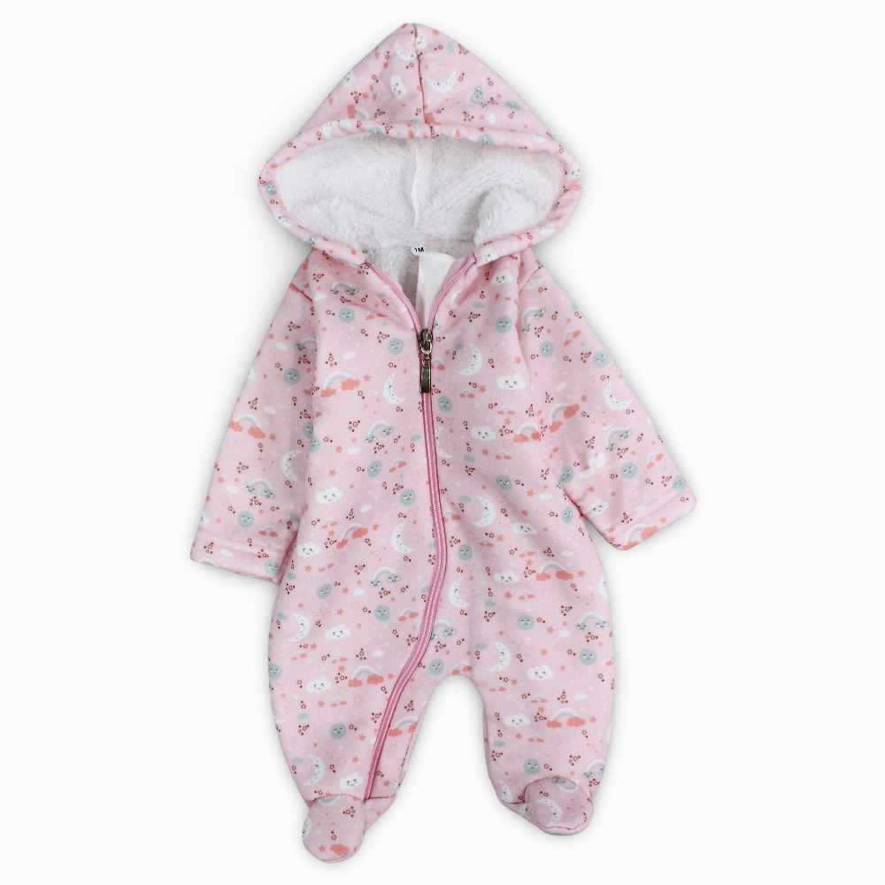 Baby Girls Cotton Hooded Baby Footie - Pink with Clouds and Moon Print