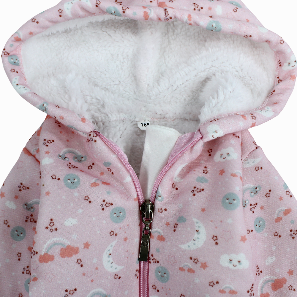 Baby Girls Cotton Hooded Baby Footie - Pink with Clouds and Moon Print
