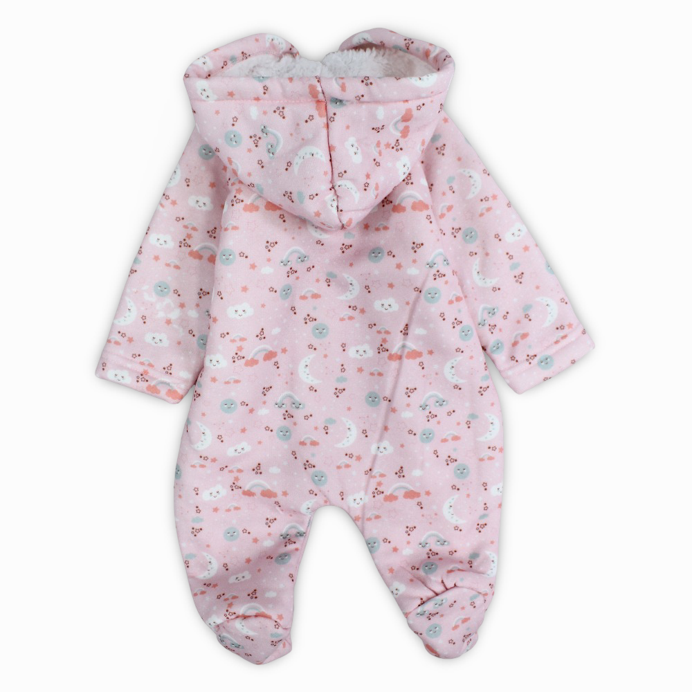 Baby Girls Cotton Hooded Baby Footie - Pink with Clouds and Moon Print