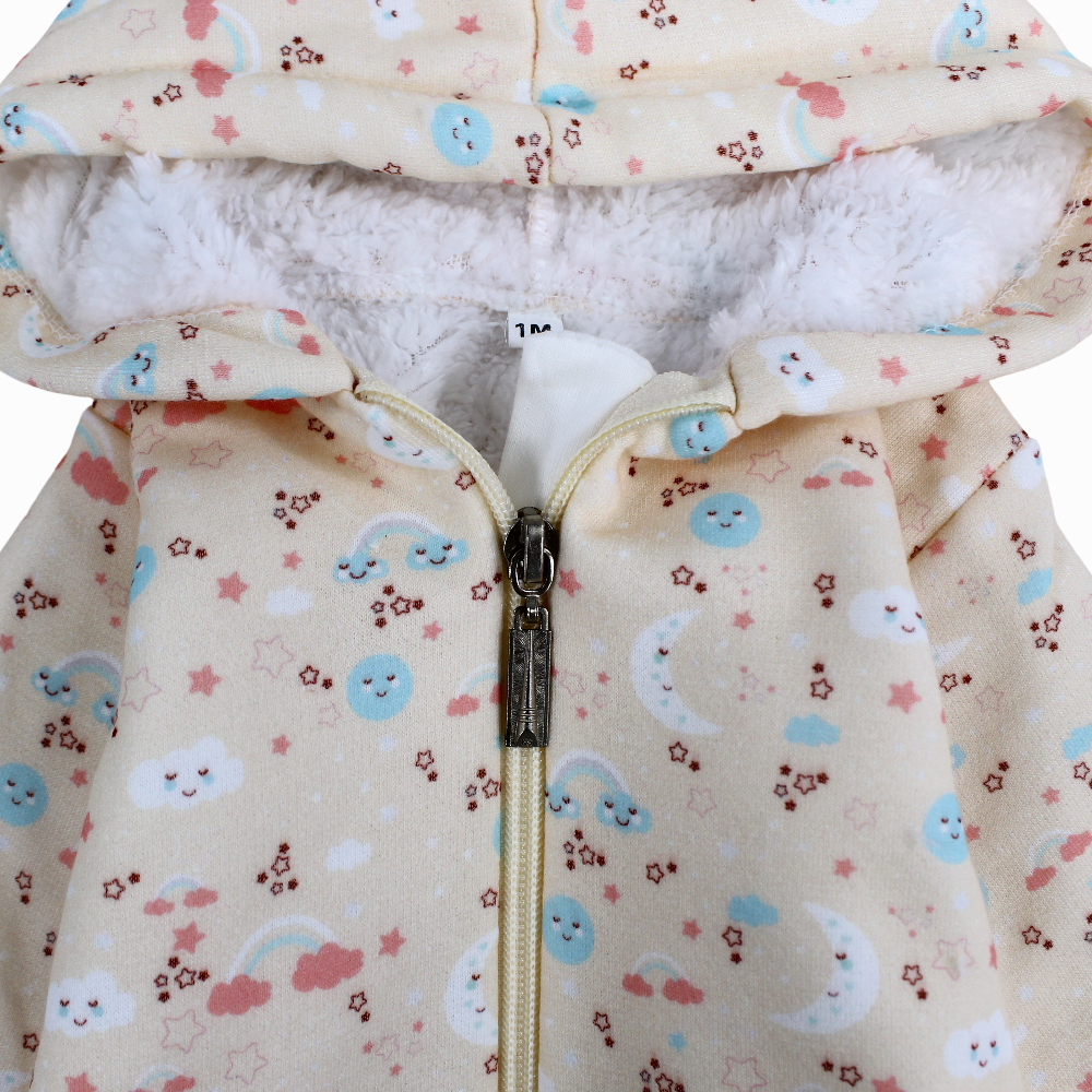 Baby Girls Cotton Hooded Baby Footie - Salmon with Clouds and Moon Print