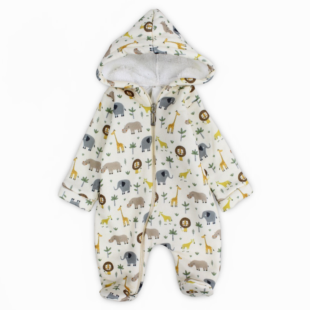Baby Boys Cotton Hooded Baby Footie – Off-Whith with Animals Print