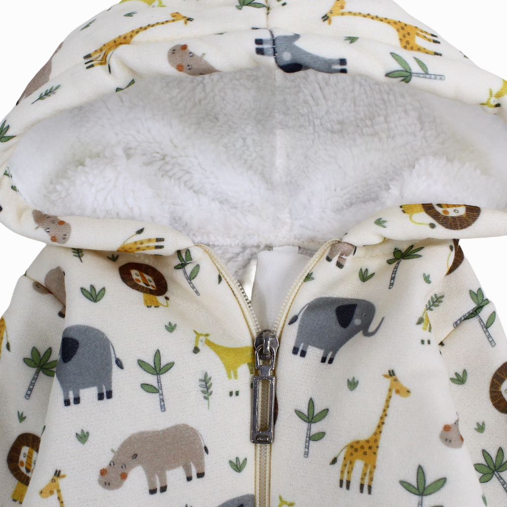 Baby Boys Cotton Hooded Baby Footie – Off-Whith with Animals Print
