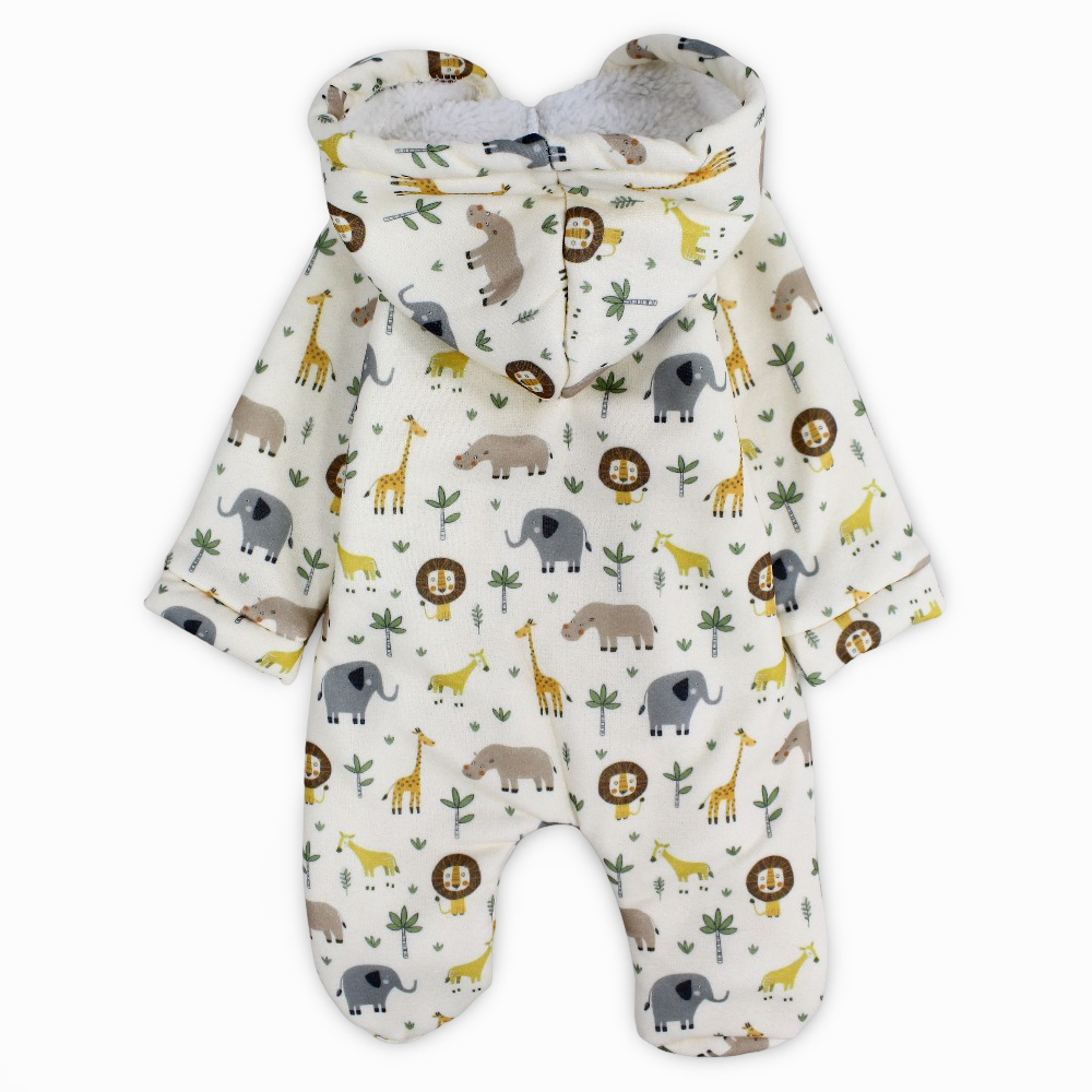 Baby Boys Cotton Hooded Baby Footie – Off-Whith with Animals Print