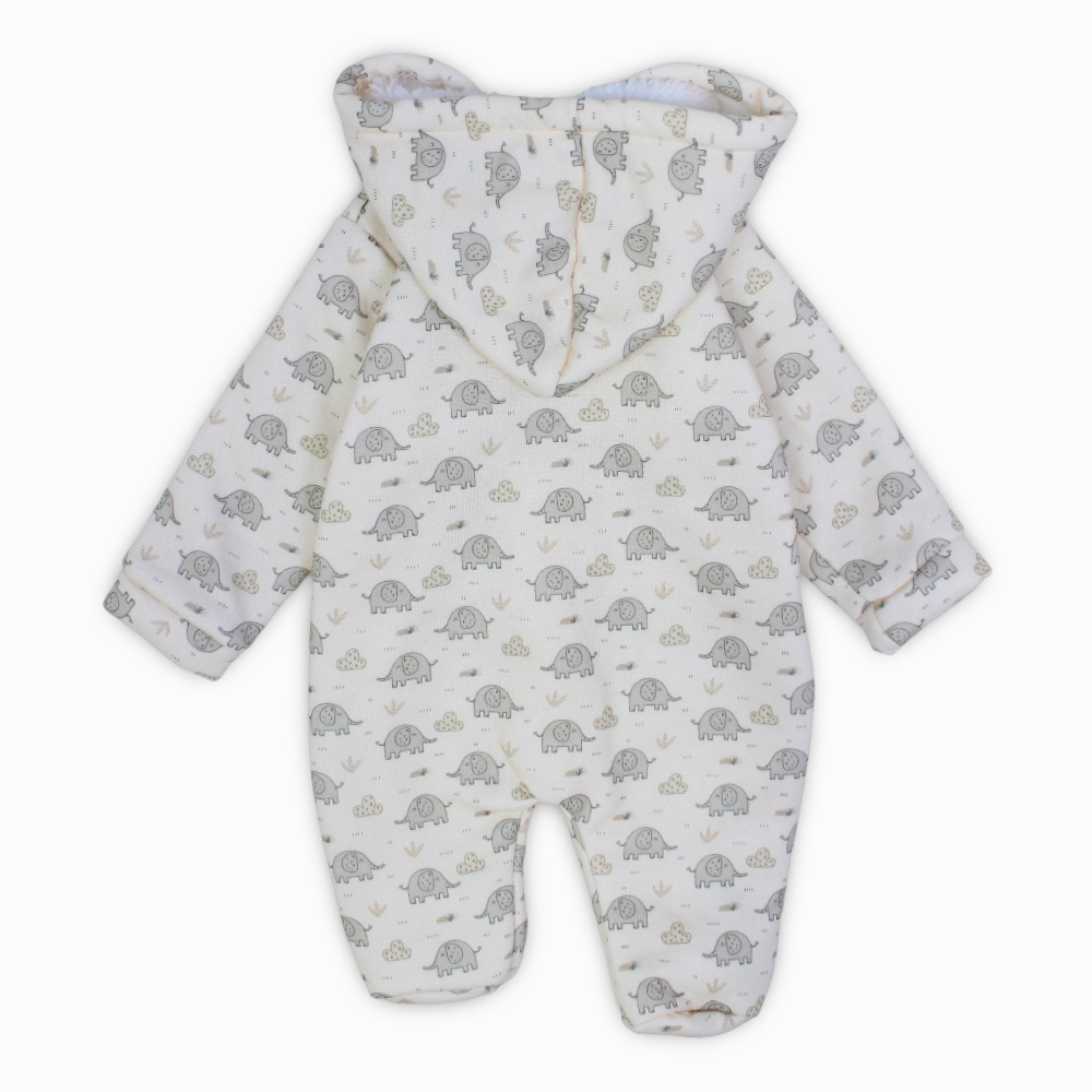 Baby Boys Cotton Hooded Baby Footie – Off-White with Elephants Print