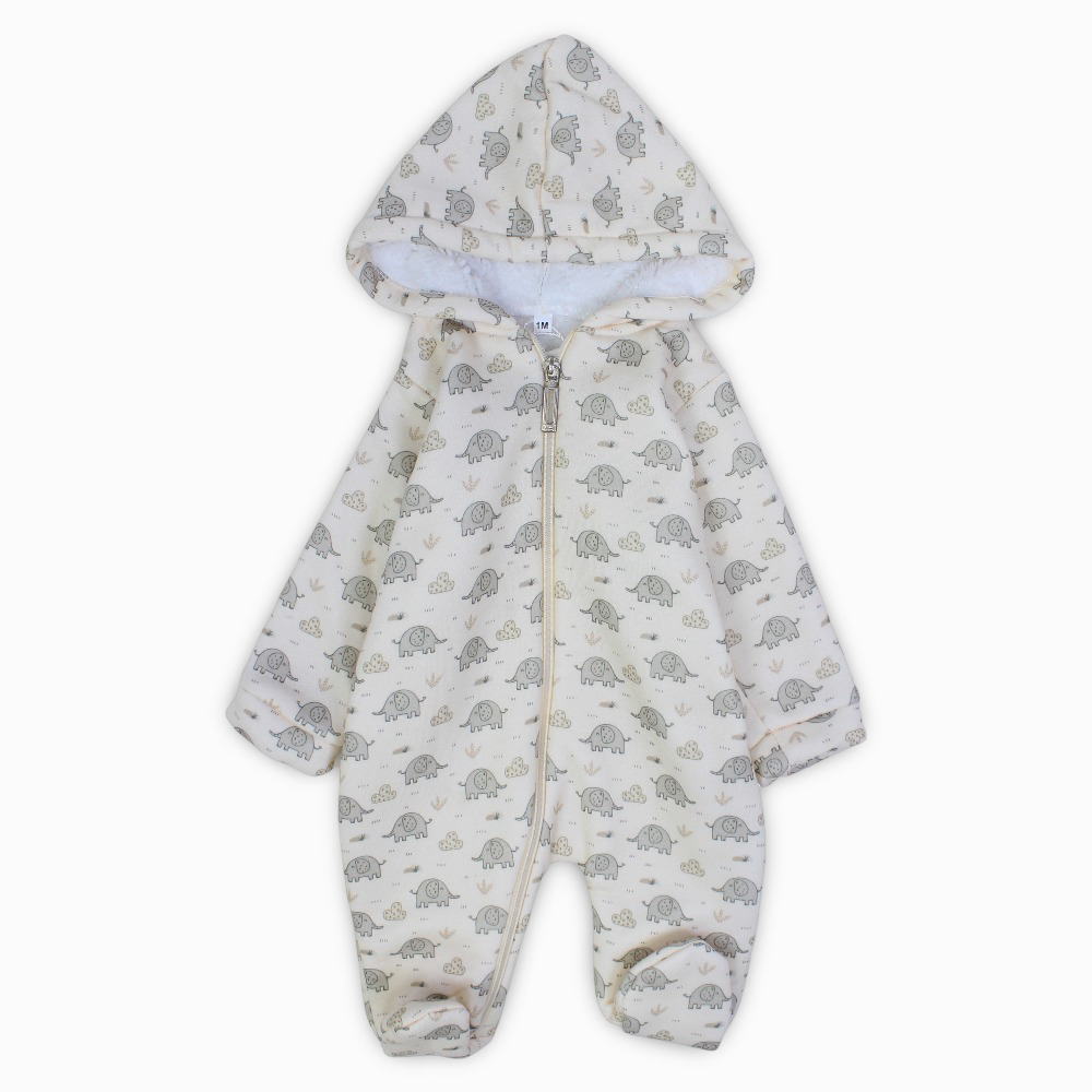 Baby Boys Cotton Hooded Baby Footie – Off-White with Elephants Print