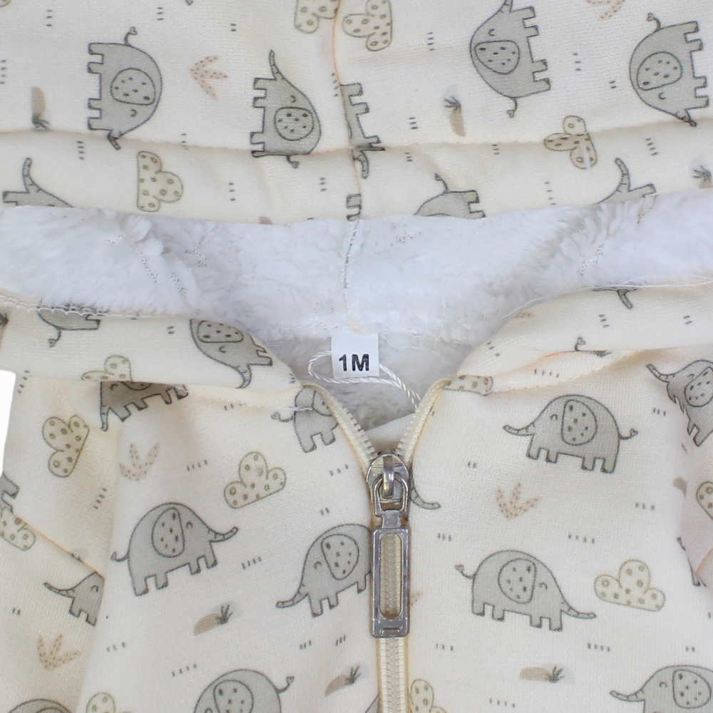Baby Boys Cotton Hooded Baby Footie – Off-White with Elephants Print
