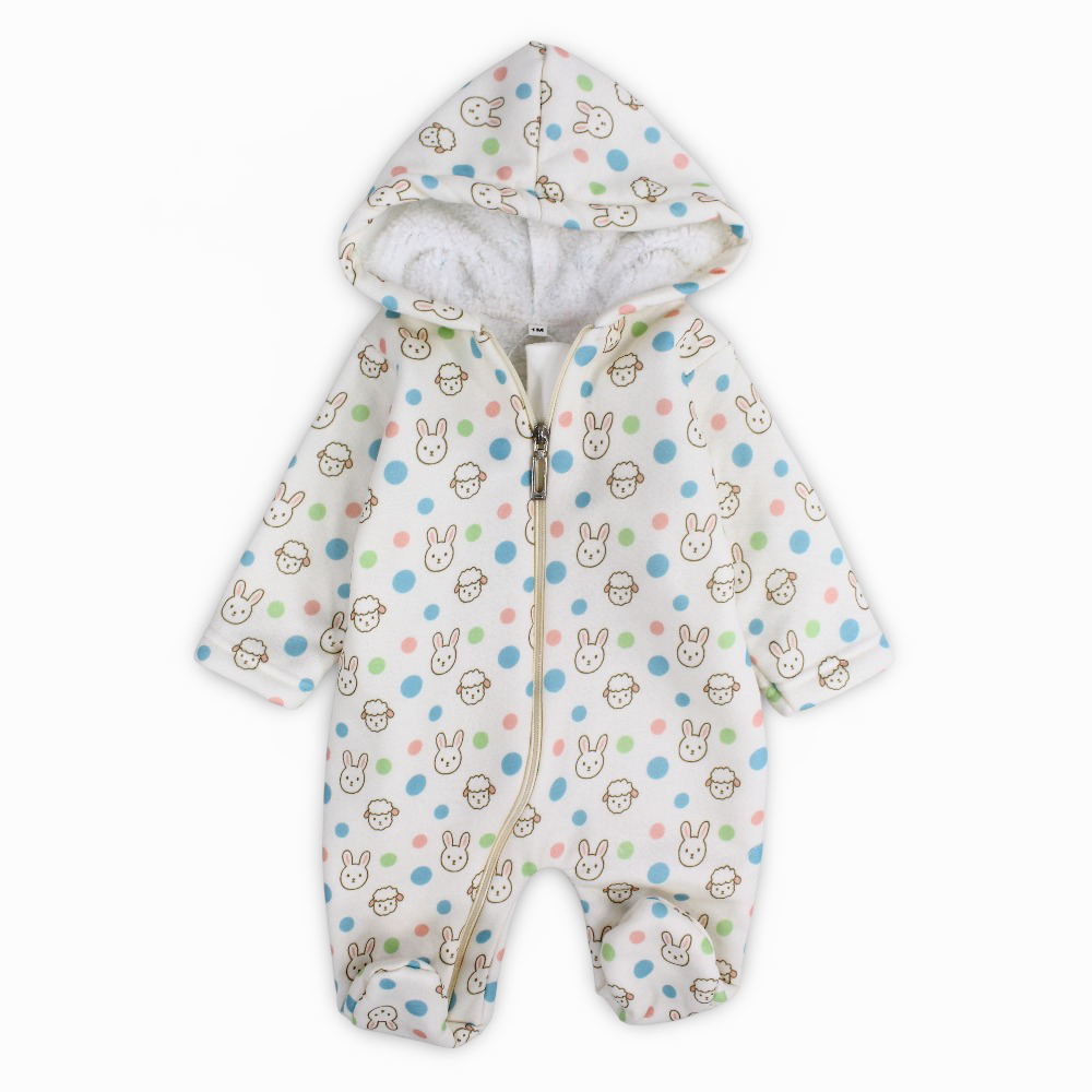 Unisex Baby Cotton Hooded Baby Footie – Off-Whith with Sheep and Bunny Print