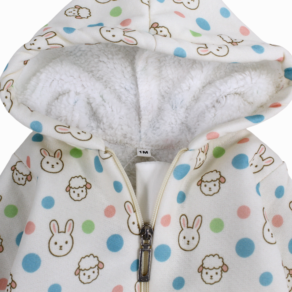 Unisex Baby Cotton Hooded Baby Footie – Off-Whith with Sheep and Bunny Print
