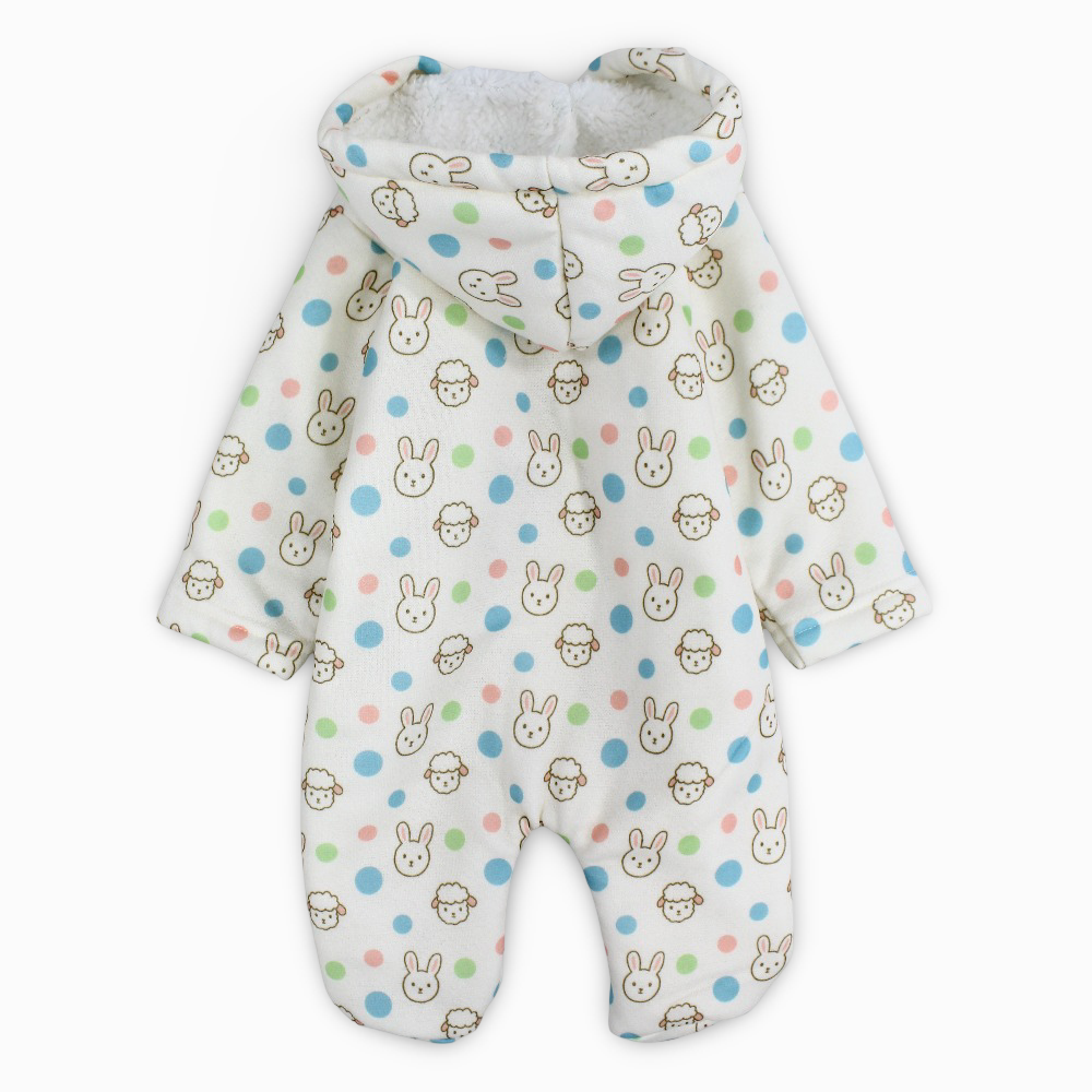 Unisex Baby Cotton Hooded Baby Footie – Off-Whith with Sheep and Bunny Print