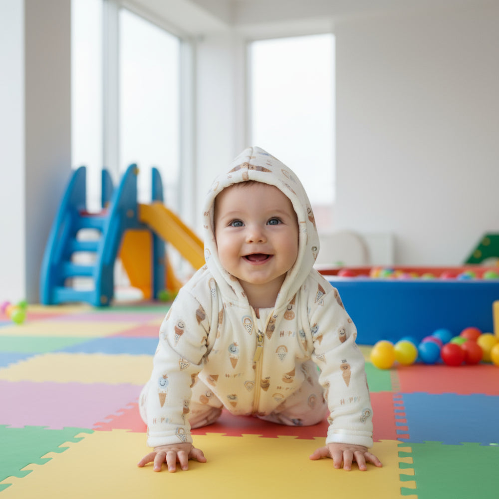 Baby Boys Cotton Hooded Baby Footie – Off-White with Happy Ice Cream Print