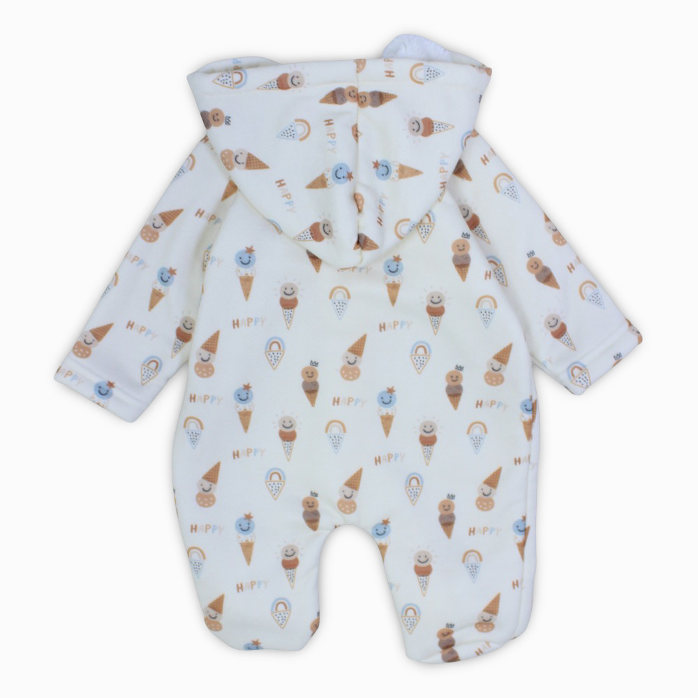 Baby Boys Cotton Hooded Baby Footie – Off-White with Happy Ice Cream Print