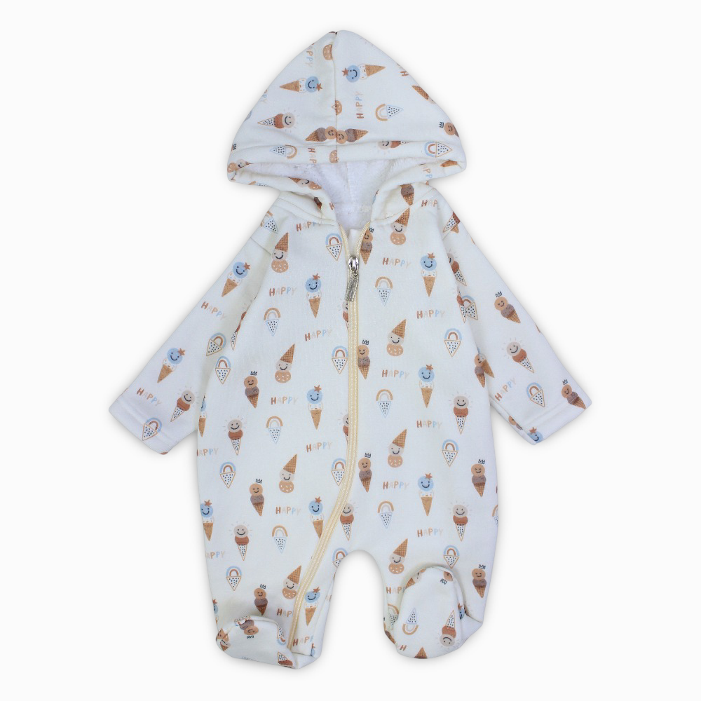 Baby Boys Cotton Hooded Baby Footie – Off-White with Happy Ice Cream Print
