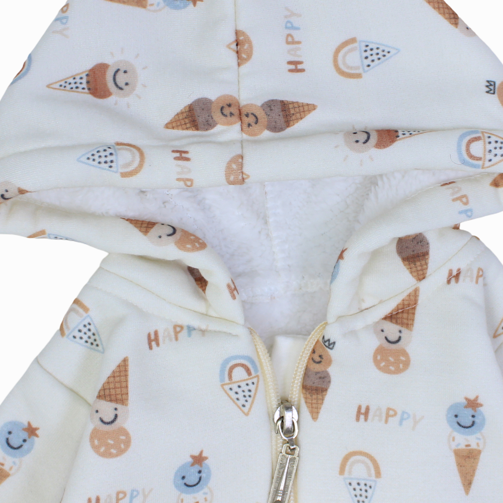 Baby Boys Cotton Hooded Baby Footie – Off-White with Happy Ice Cream Print