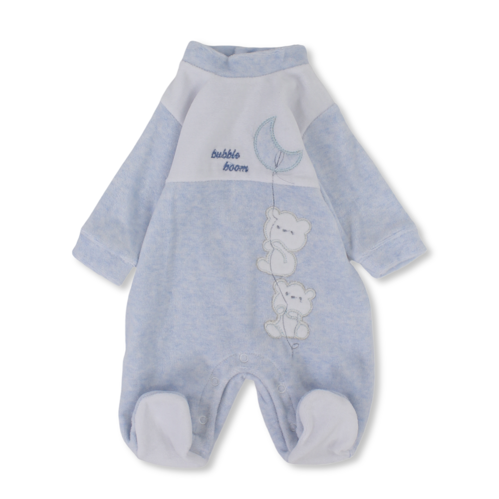 Baby Boys Velvet Baby Footie - Baby Blue with Cute Bears Design