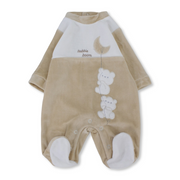Baby Boys Velvet Baby Footie - Beige/Off-White with Cute Bears Design