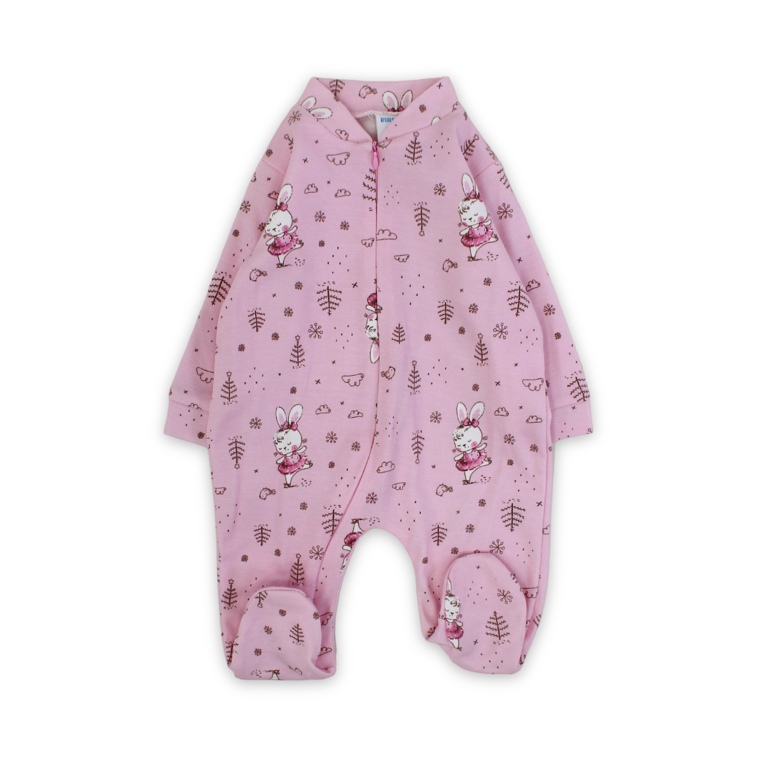 Baby Girls Cotton Baby Footie Onesie – Pink with Rabbit Print - Clothing - Bubble Boom