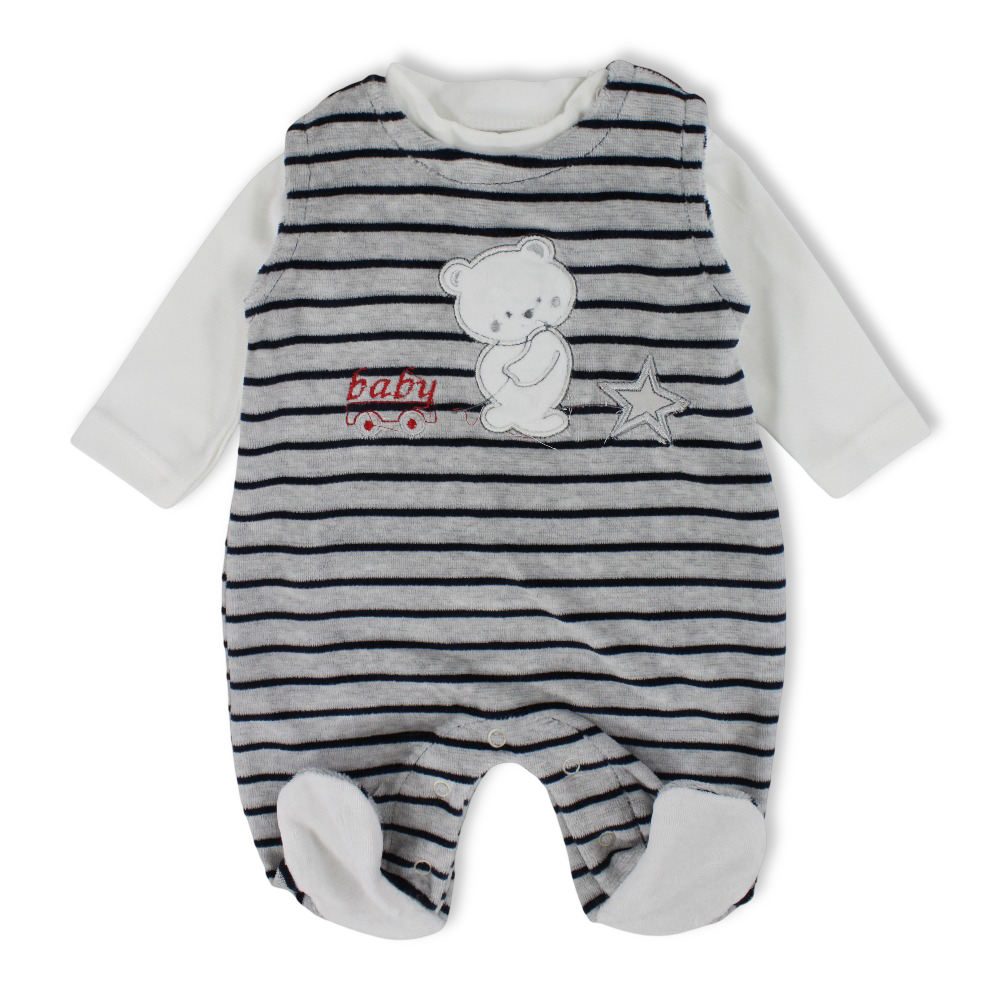 Baby Boys Velvet Baby Footie – Grey with Bear Embroidery