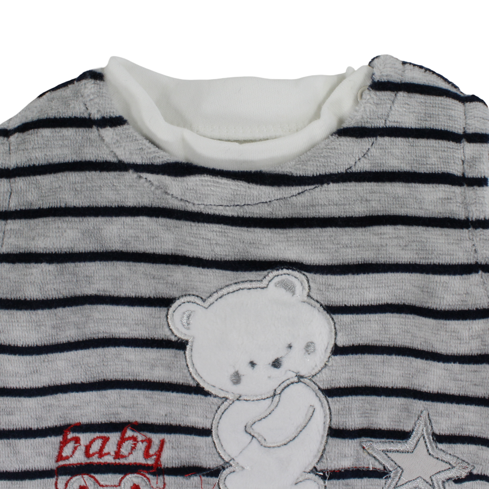 Baby Boys Velvet Baby Footie – Grey with Bear Embroidery