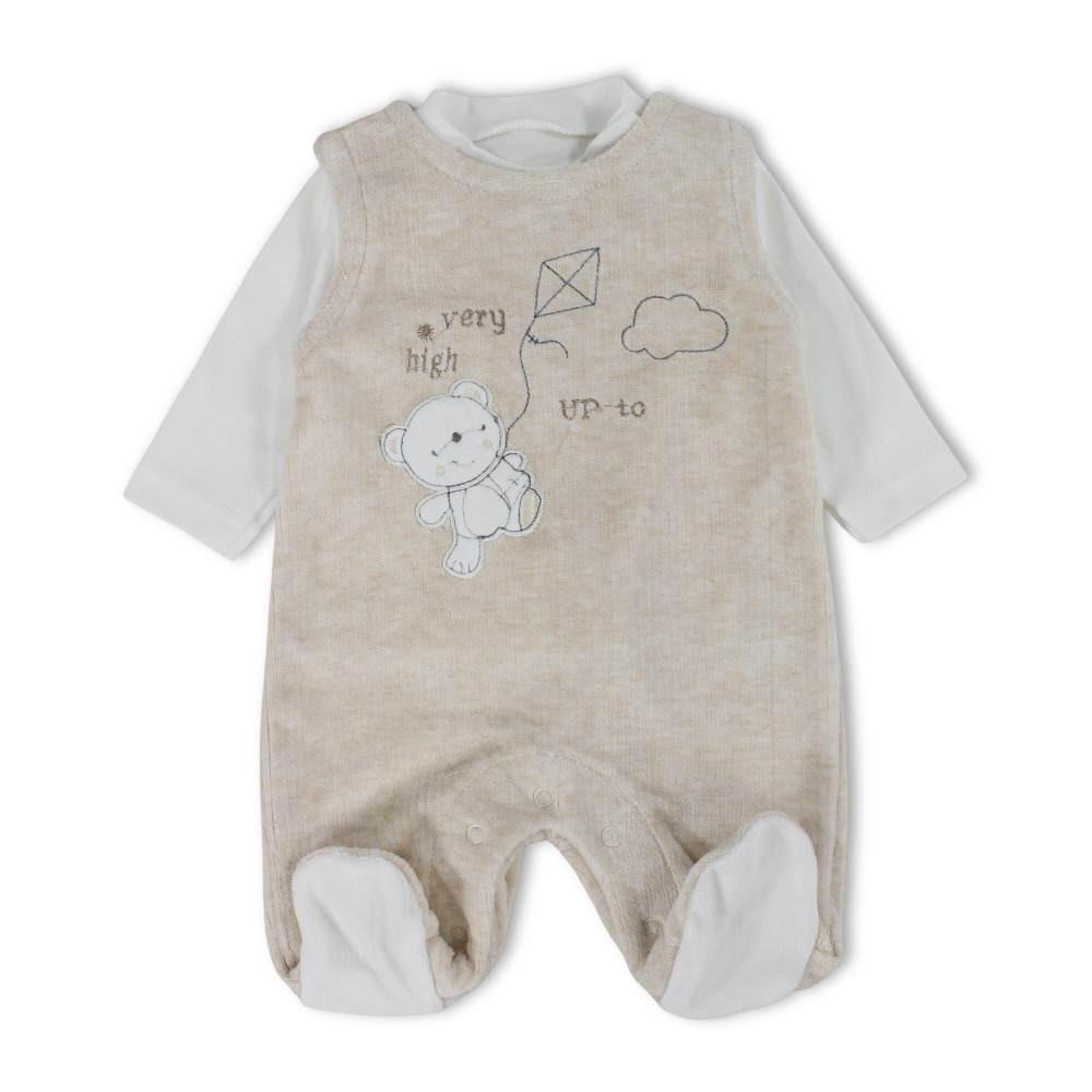 Baby Boys Velvet Baby Footie – Beige with Bear & Kite Embroidery