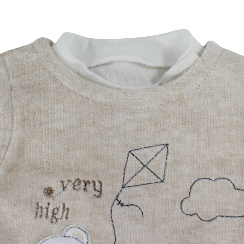 Baby Boys Velvet Baby Footie – Beige with Bear & Kite Embroidery