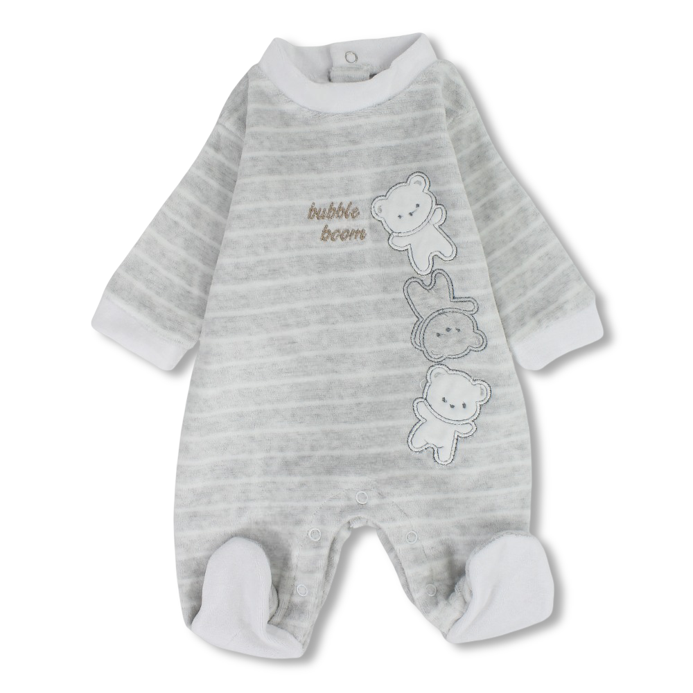 Baby Boys Velvet Baby Footie – Grey with Teddy Bears Design