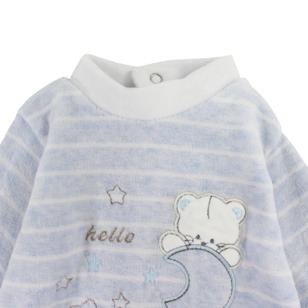 Baby Boys Velvet Baby Footie – Baby Blue with Cute Bear Design