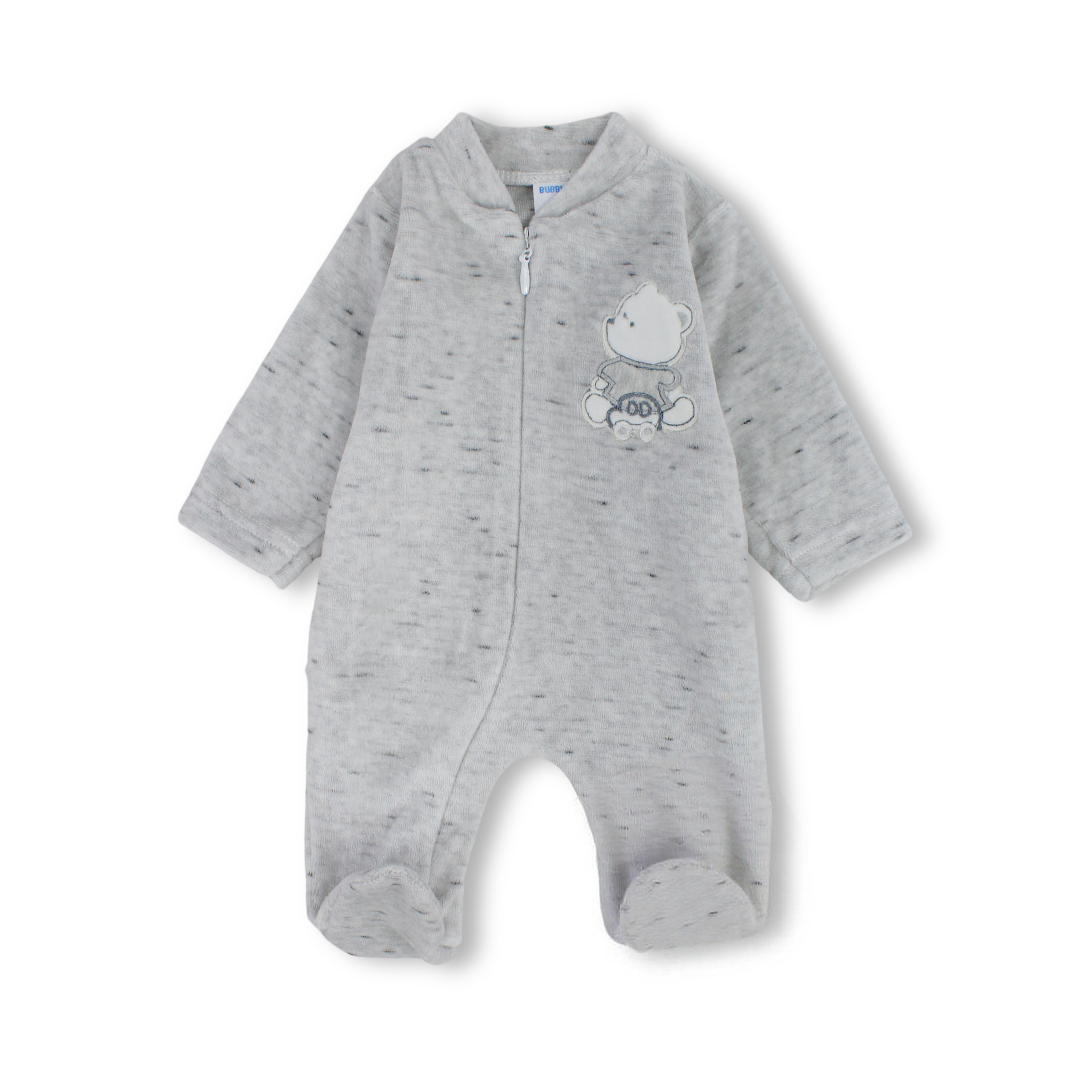 Baby Boys Velvet Baby Footie – Grey with Bear Design
